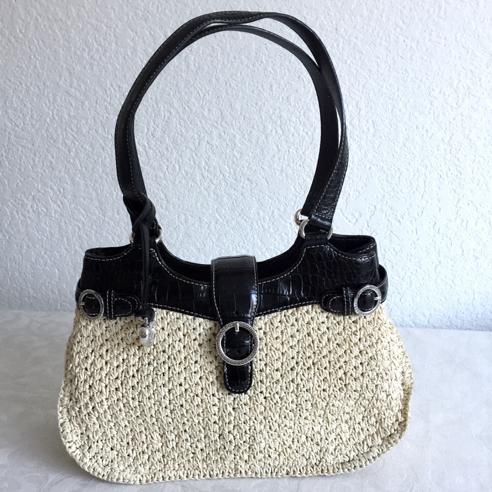 Brighton straw bag with black croc leather